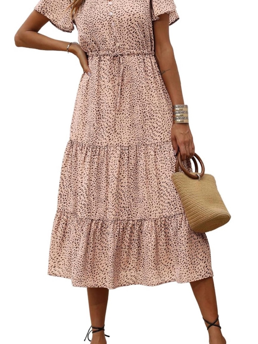 Blush Pink Tiered Midi Dress with Black Dot Print